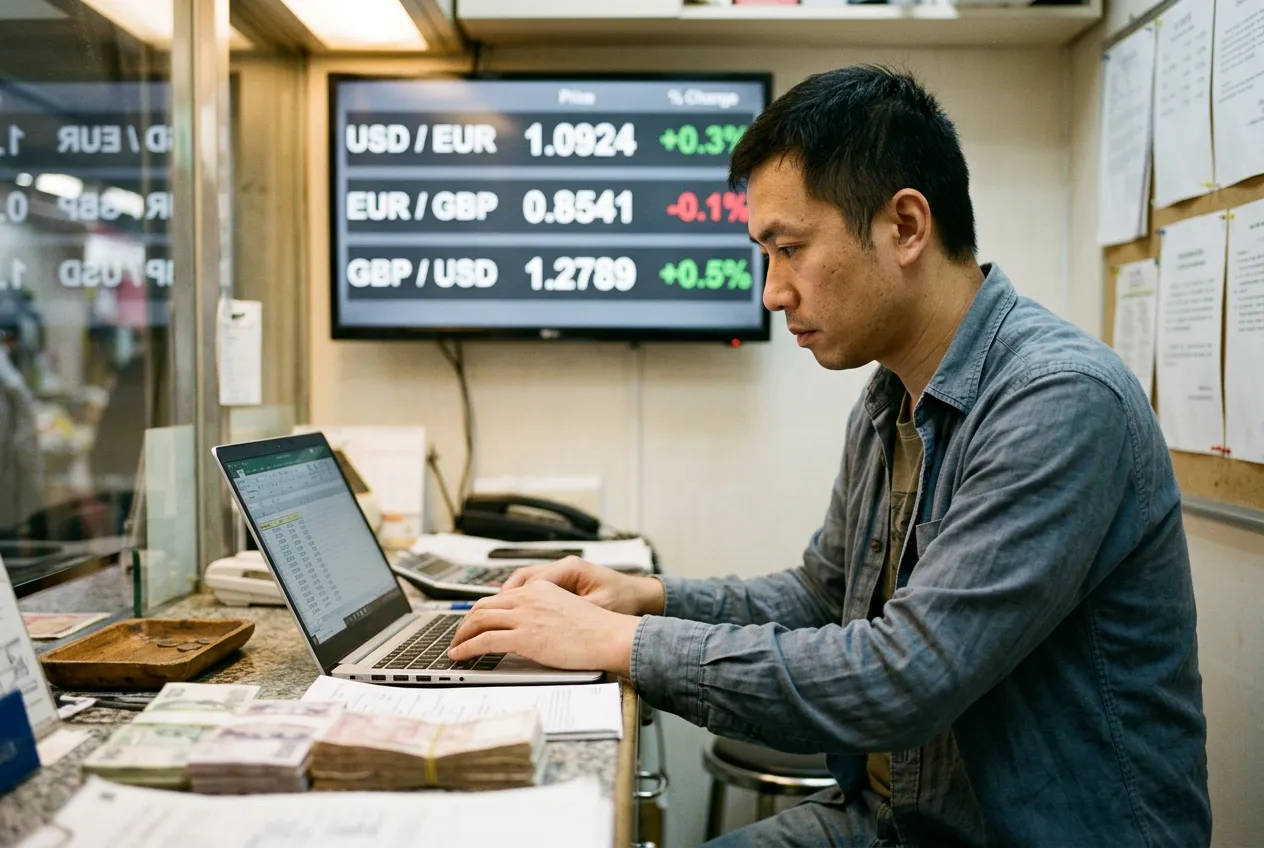 Money changer at the counter of a currency exchange office updating buy and sell rates on a laptop, with a digital rate board on the TV behind