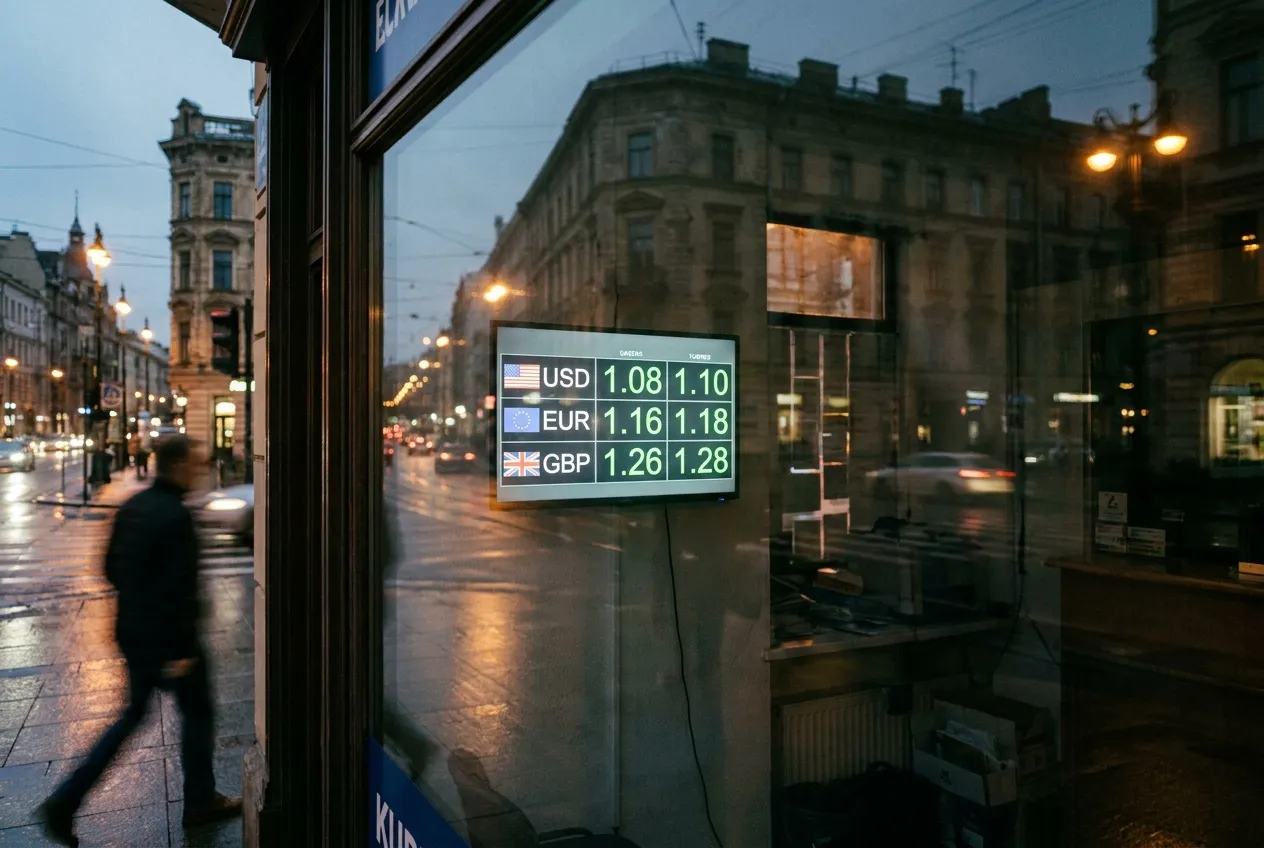 Digital currency exchange rate board on a TV facing outward through a bureau's shop window at dusk, showing USD, EUR and GBP rates