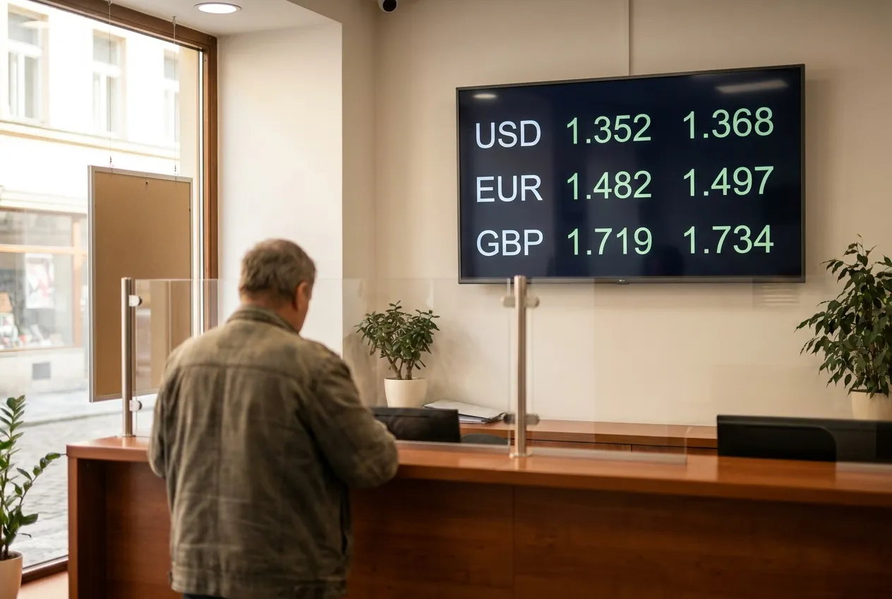 Currency exchange bureau counter with a wall-mounted TV displaying a digital exchange rate board listing USD, EUR and GBP buy and sell rates