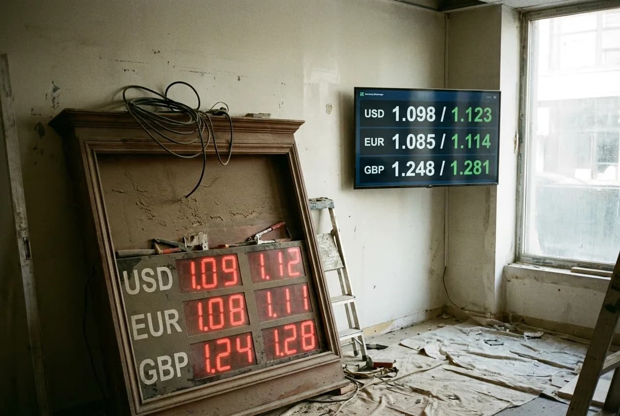 Currency exchange shop mid-renovation: an old seven-segment LED rate board unplugged on the floor beside a slim wall-mounted TV displaying a modern digital exchange rate board